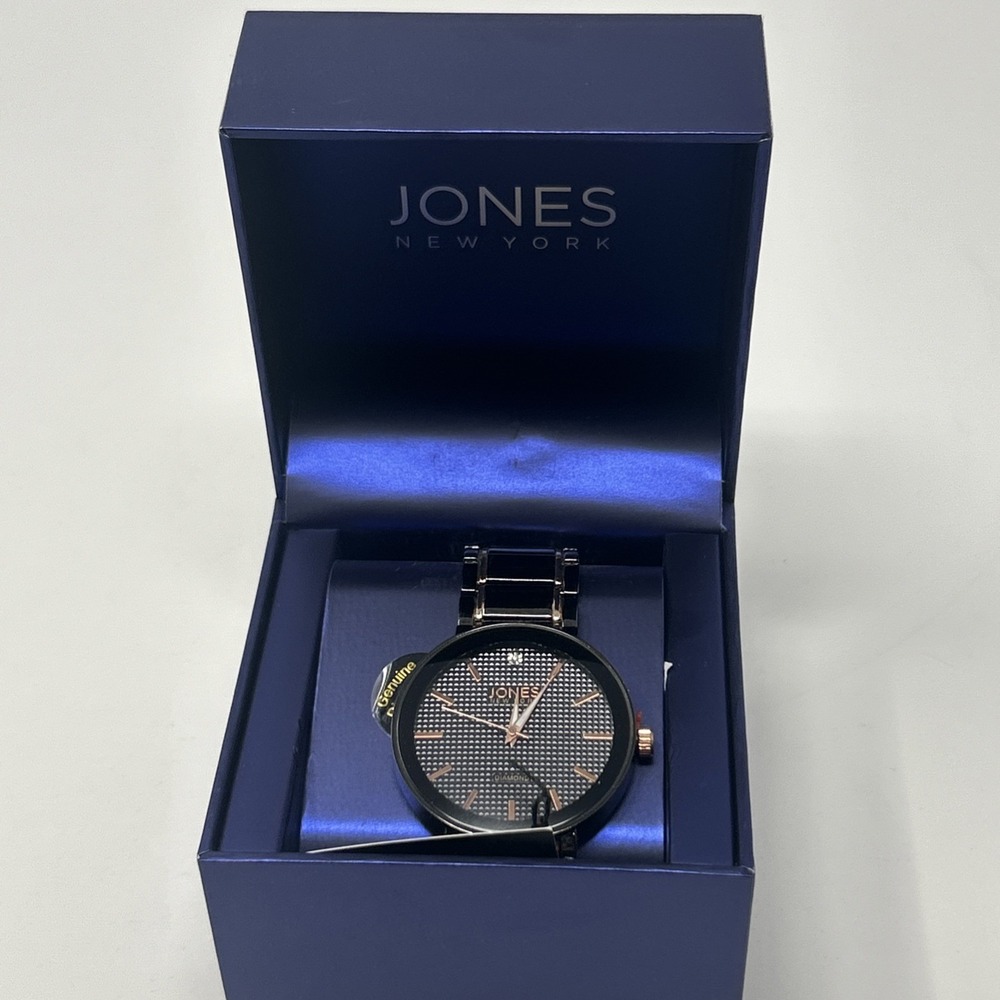 NIB Jones New York Men's Watch Black/Gold Black Face Genuine Diamond